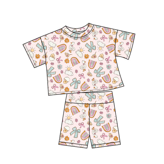 Preorder (moq 5)Baby Girls Gooses Rainbows Bows Top Shorts Clothes Sets