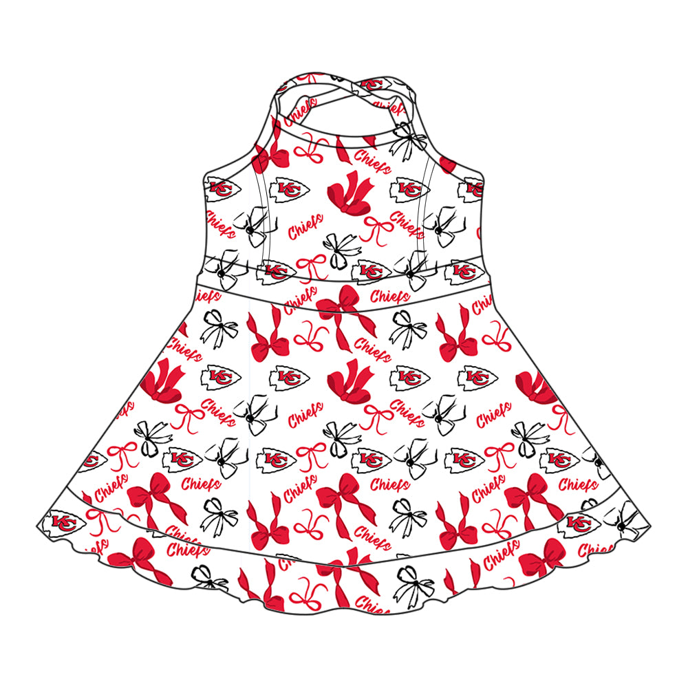 Preorder (moq 5)Baby Girls Strap Red Bows Plaid KC Shorts Ruffle Team Knee Length Dresses