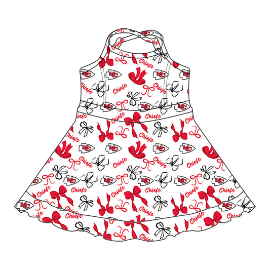 Preorder (moq 5)Baby Girls Strap Red Bows Plaid KC Shorts Ruffle Team Knee Length Dresses