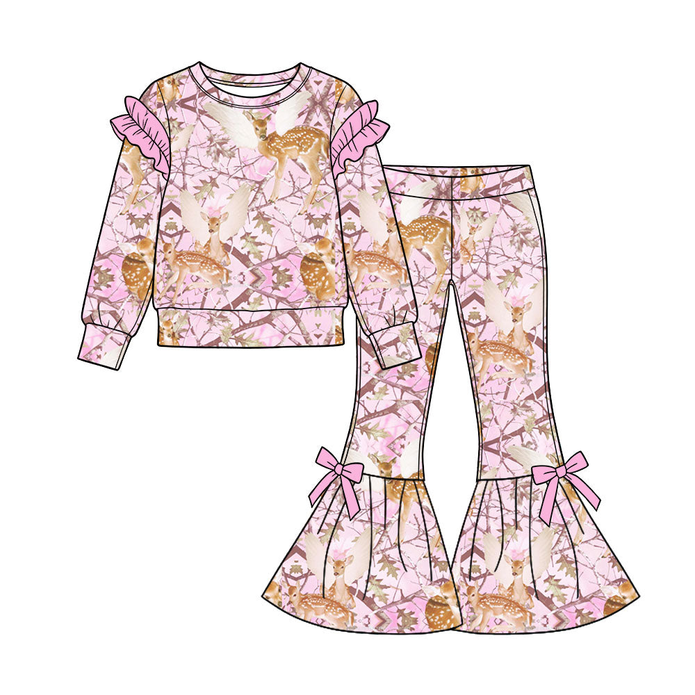 Preorder (moq 5) Baby Girl Clothes Angel Fawn Camo Mixed Print Long Sleeve Flare Pant Set