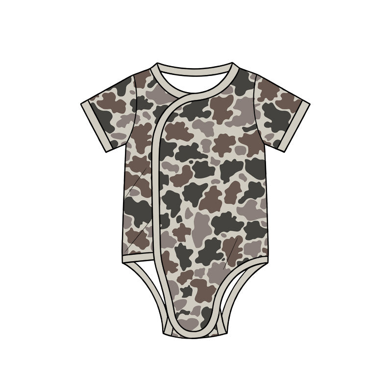 Preorder (moq 5) Baby Boy Clothes Neutral Grey Brown Retro Camo Print Short Sleeve Side Snap Romper