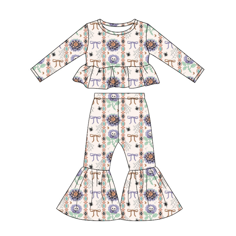 Preorder (moq 5)Baby Girls Ghost Pumpkins Tunic Bell Bottom Pants Halloween Clothes Set