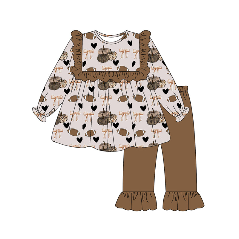 Preorder (moq 5)Baby Girls Long Ruffle Sleeves Footballs Bows Pumpkins Tunic Pant Set