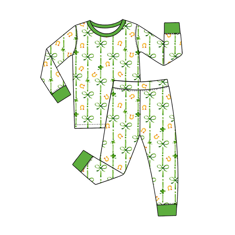 Preorder (moq 5) Baby Girl Clothes St Patrick's Day Watercolor Clover Bow Striped Print Long Sleeve Pajama Set