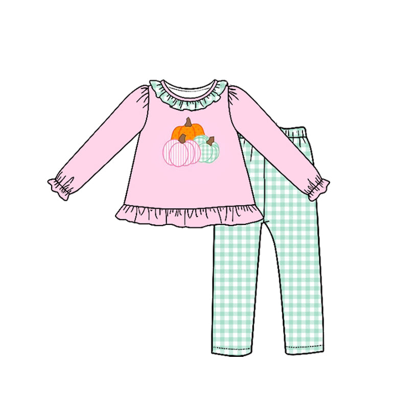 Preorder (moq 5)Baby Girls Pumpkins Tunic Checked Leggings Fall Clothes Sets