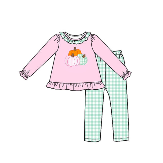 Preorder (moq 5)Baby Girls Pumpkins Tunic Checked Leggings Fall Clothes Sets
