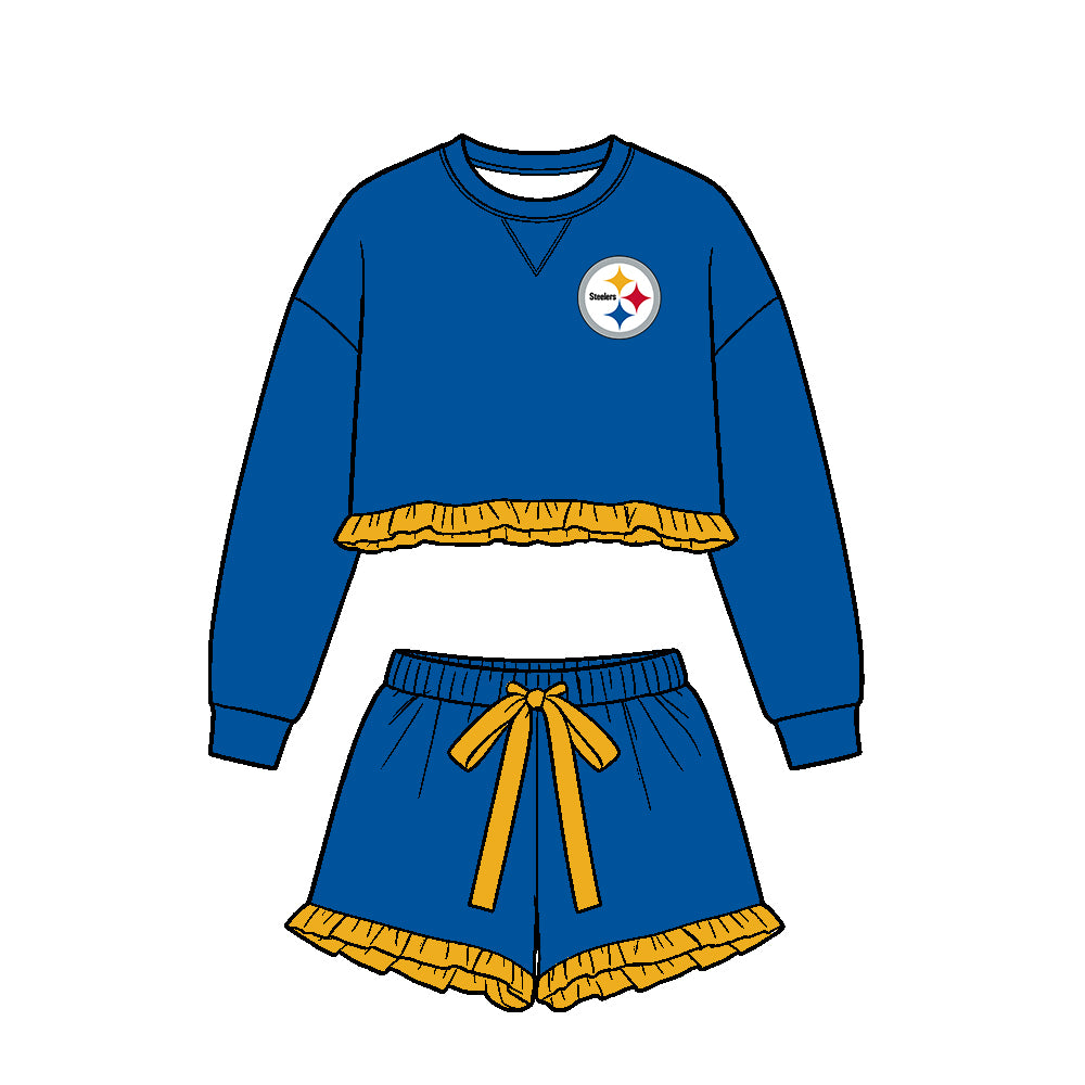 Preorder (moq 5)Baby Girls Blue Long Sleeve Steeles Top Ruffle Short Team Clothes Set