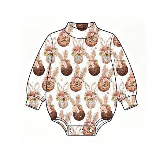 Preorder (moq 5) Baby Girl Clothes Floral Leopard Easter Egg Bunny Ear Print Long Sleeve Mock Neck Baby Bodysuit