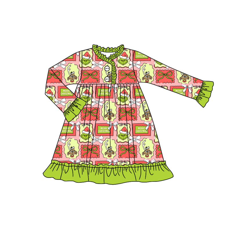 Preorder (moq 5)Baby Girls Christmas Green Face Bows Plaid Button Ruffle Knee Length Dresses