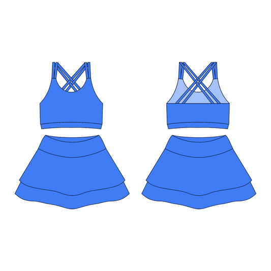 Preorder moq 10 Baby Girls Blue Strap Activity Wear Vests Top Short Skirts Yoga Set