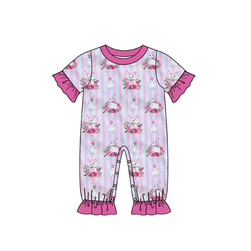 Preorder (moq 5) Baby Girl Clothes Easter Bunny Bouquet Pink Blue Stripe Print Short Sleeve Ruffle Baby Romper Jumpsuit