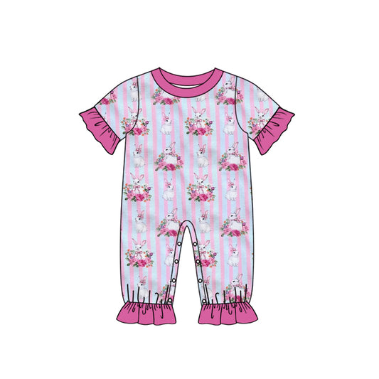 Preorder (moq 5) Baby Girl Clothes Easter Bunny Bouquet Pink Blue Stripe Print Short Sleeve Ruffle Baby Romper Jumpsuit