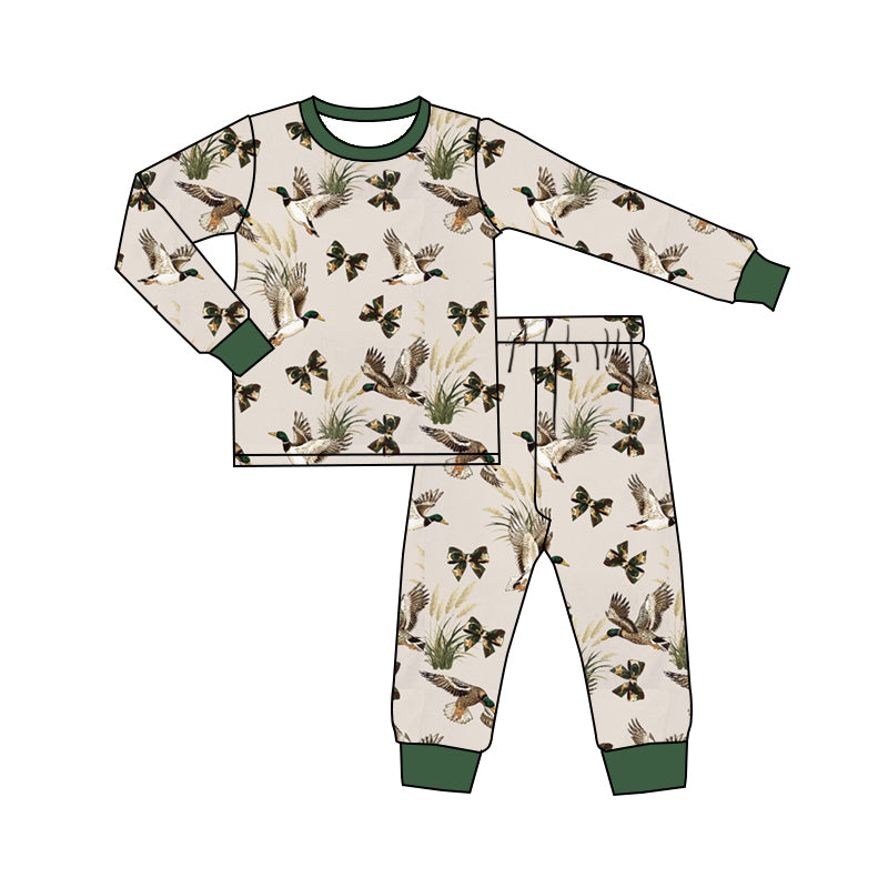 Preorder (moq 5) Baby Girl Clothes Mallard Duck Green Bow Mixed Print Long Sleeve Pajama Set