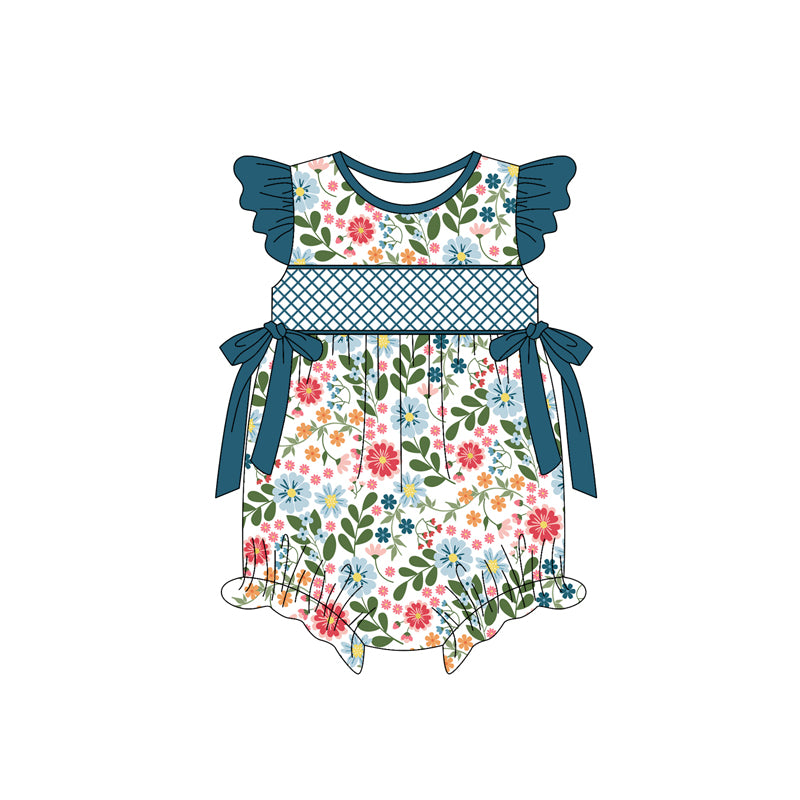 Preorder(moq 5)Baby Infant Girls Navy Flutter Sleeves Bows Floral Ruffle Rompers