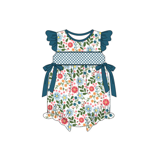 Preorder(moq 5)Baby Infant Girls Navy Flutter Sleeves Bows Floral Ruffle Rompers