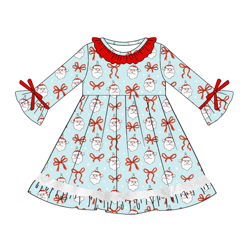 Preorder (moq 5)Baby Girls Blue Long Ruffle Sleeves Bows Santa Lace Knee Length Dresses