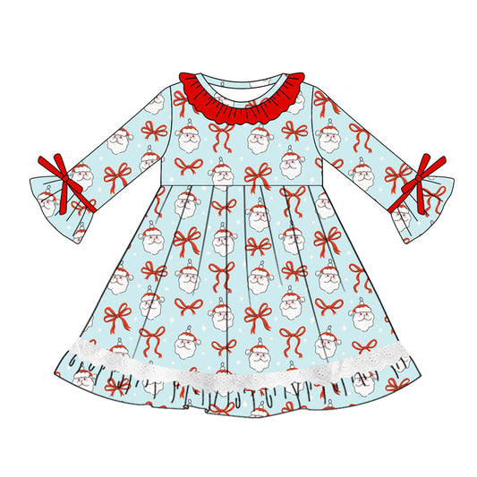 Preorder (moq 5)Baby Girls Blue Long Ruffle Sleeves Bows Santa Lace Knee Length Dresses