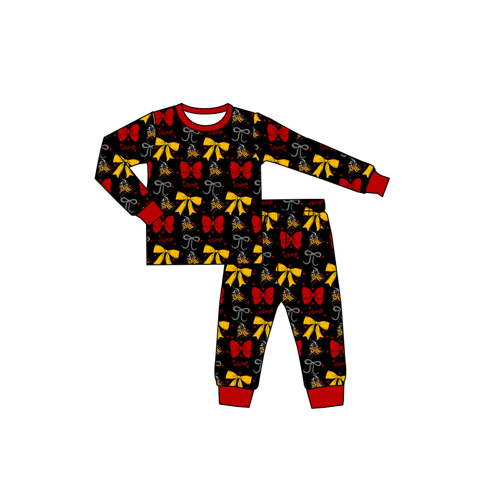 Preorder (moq 5)Baby Girls Black Vikings Team Bows Top Pants Pajamas Sets