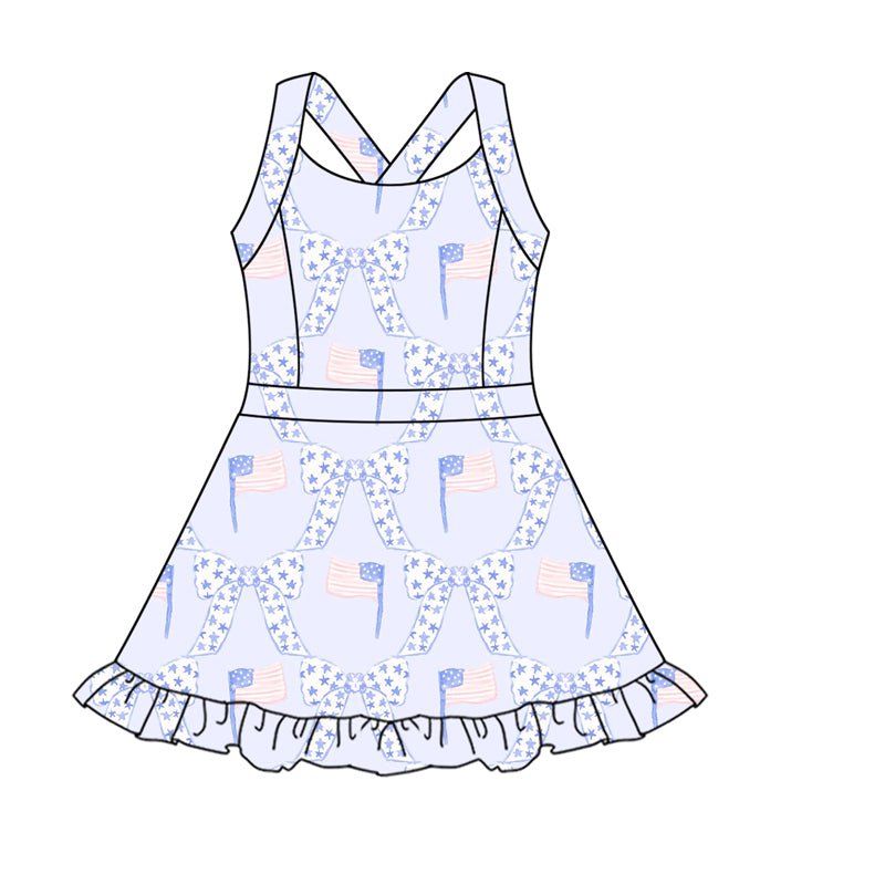 Preorder moq 10 Baby Girls Strap Stars Bows Flags Activity Wear 4th Of July Yoga Knee Length Dresses