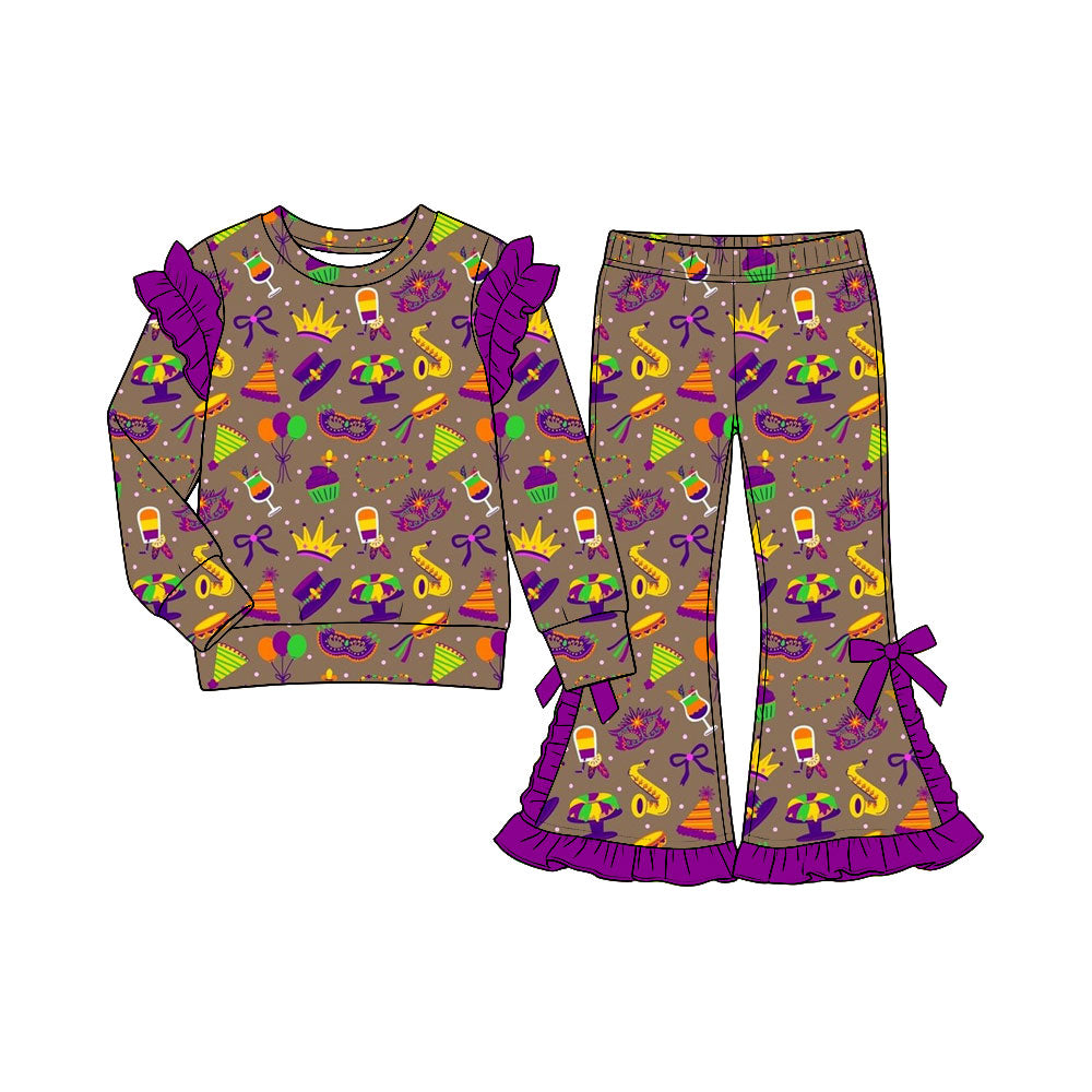 Preorder (moq5) Baby Girl Clothes Mardi Gras Party Element Print Long Sleeve Ruffle Top Bow Flare Pant Set