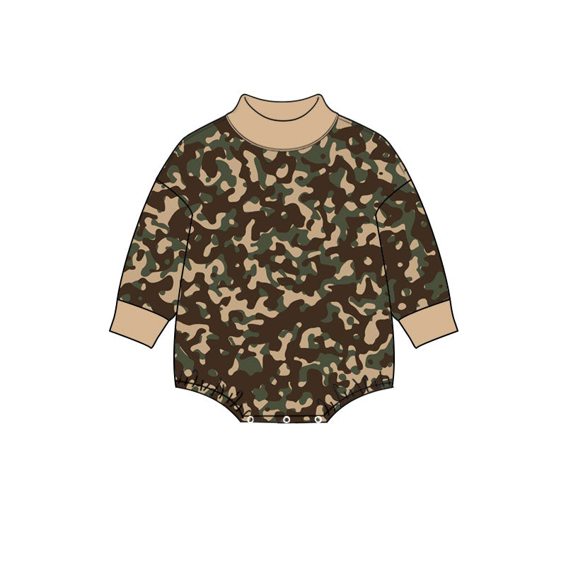 Preorder (moq 5) Baby Boy Clothes Classic Brown Hunting Camo Print Long Sleeve Turtleneck Bubble Romper