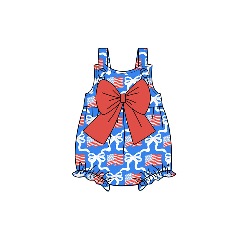 Preorder(moq 5)Baby Infant Girls 4th of July Flags Bows Summer Rompers
