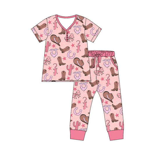 Preorder moq 5 Adult Short Sleeve Hats Boots Cactus Top Pockets Pants Western Pajamas Sets