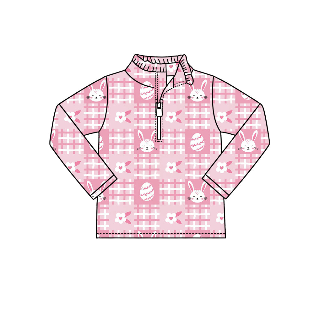 Preorder (moq 5) Baby Girl Clothes Pink Gingham Bunny Egg Allover Print Long Sleeve Half Zip Top