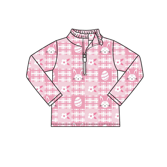 Preorder (moq 5) Baby Girl Clothes Pink Gingham Bunny Egg Allover Print Long Sleeve Half Zip Top