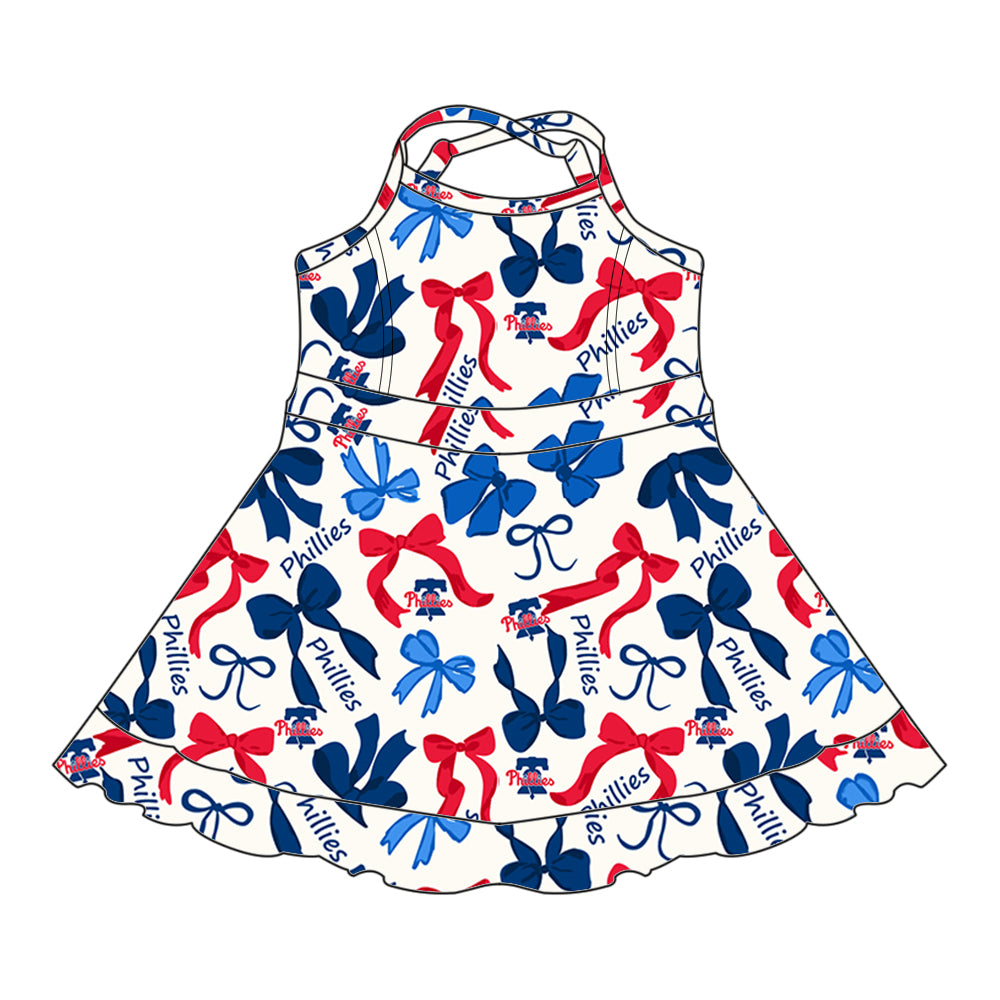 Preorder (moq 5)Baby Girls Strap Blue Red Bows Plaid Phillies Short Ruffle Team Knee Length Dresses