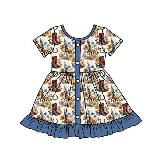 Preorder (moq 5)Baby Girls Navy Boots Horses Western Button Ruffle Knee Length Dresses