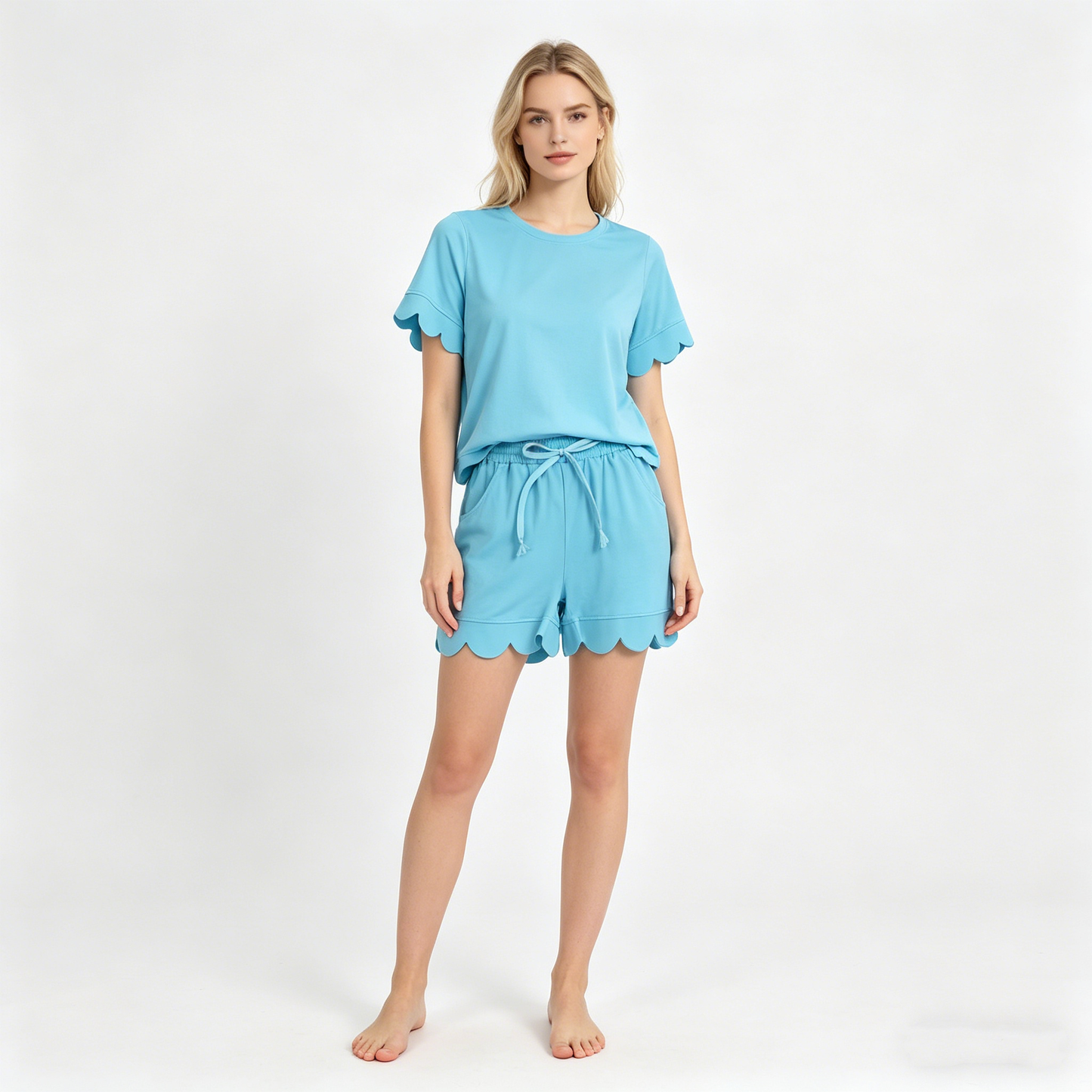 Adult Women Blue Shorts Sleeve Top Pockets Short Cotton Scallop Clothes Sets