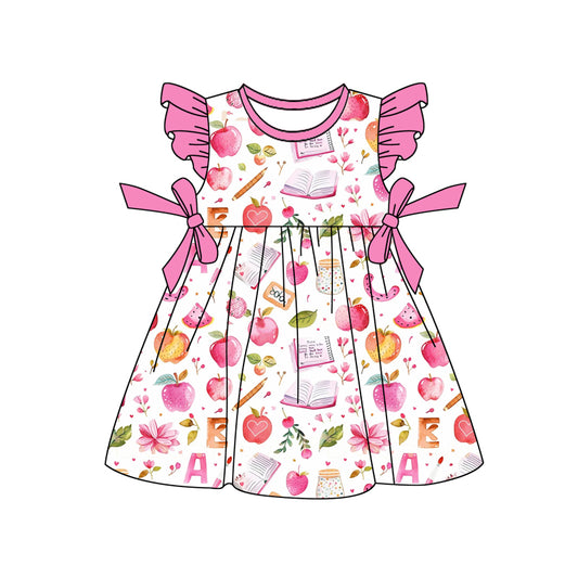 Preorder (moq 5)Baby Girls Pink Back To School Apples Bows Knee Length Dresses