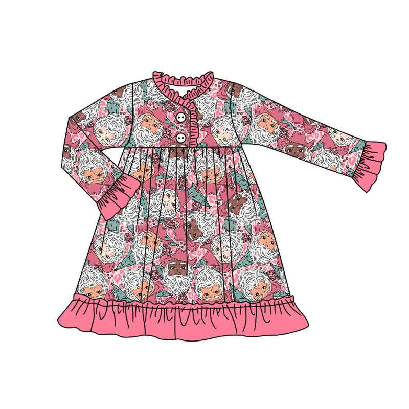 Preorder (moq 5)Baby Girls Long Ruffle Sleeves Pink Leopard Santa Button Knee Length Dresses