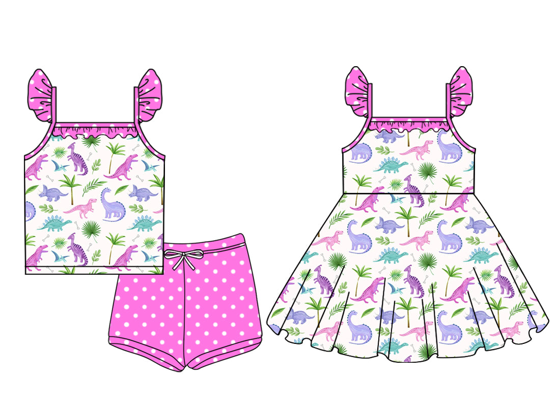 Preorder moq 5 Custom Baby Girls Flutter Sleeves Colorful Dinosaurs Top Polka Dots Short Set Knee Length Dress