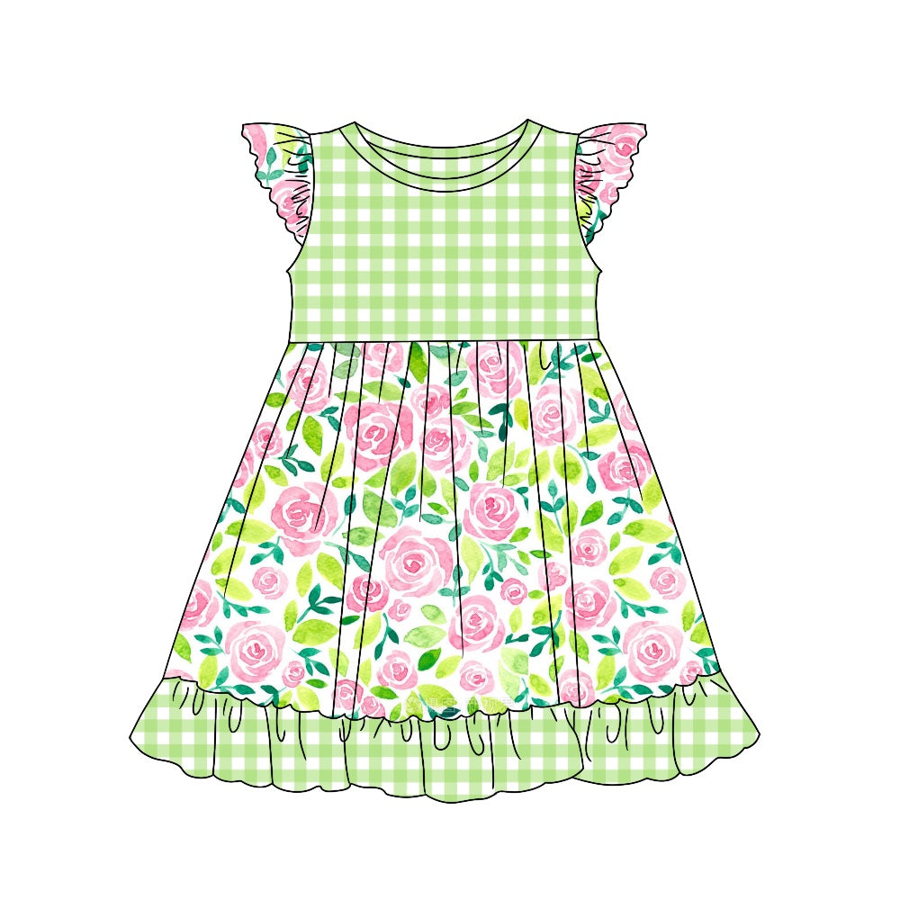 Baby Girls Green Rose Flowers Flutter Sleeve Dresses preorder (moq 5)