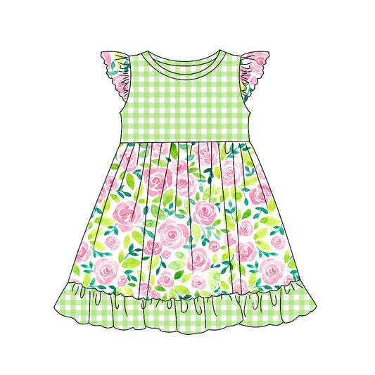 Baby Girls Green Rose Flowers Flutter Sleeve Dresses preorder (moq 5)