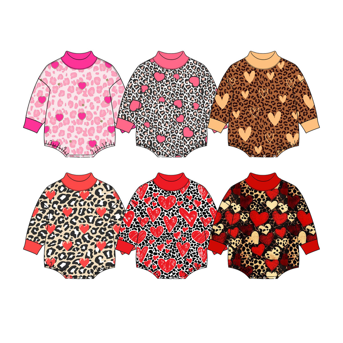 Preorder (moq 5) Baby Girl Clothes Valentine Classic Leopard Bright Red Heart Print Long Sleeve Turtleneck Romper