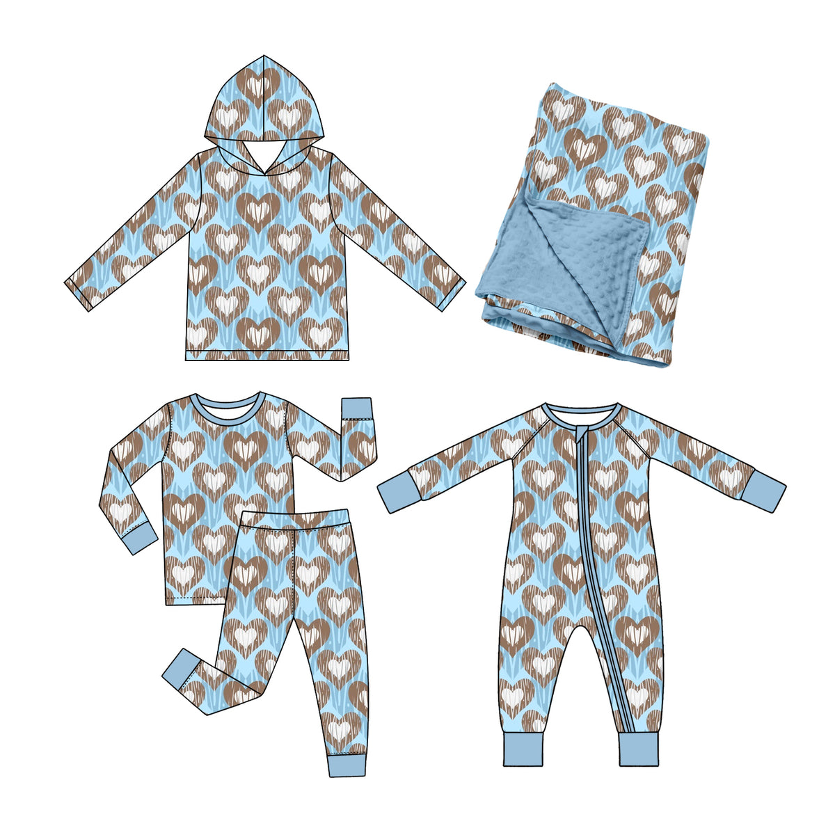 Preorder (moq 5) Baby Blue Brown Heart Print Minky Dot Back Swaddle Blanket