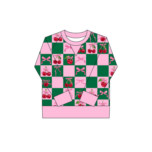 Preorder(moq 8)Baby Girls Pink Green Checked Bows Cherry Long Sleeve Tee Shirts Top