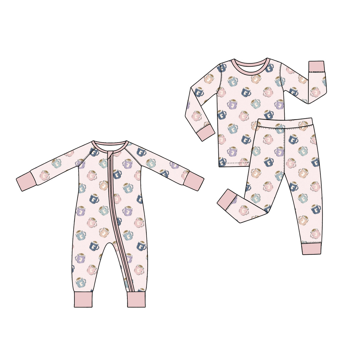 Preorder (moq 5) Baby Girl Clothes Easter Cute Mug Bunny Mixed Print Long Sleeve Pajama Set