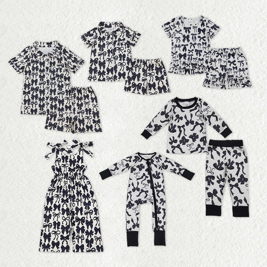 Sibling Mama and Me Black Bows Button Shirts Pajamas Sets Zipper Rompers Jumpsuits