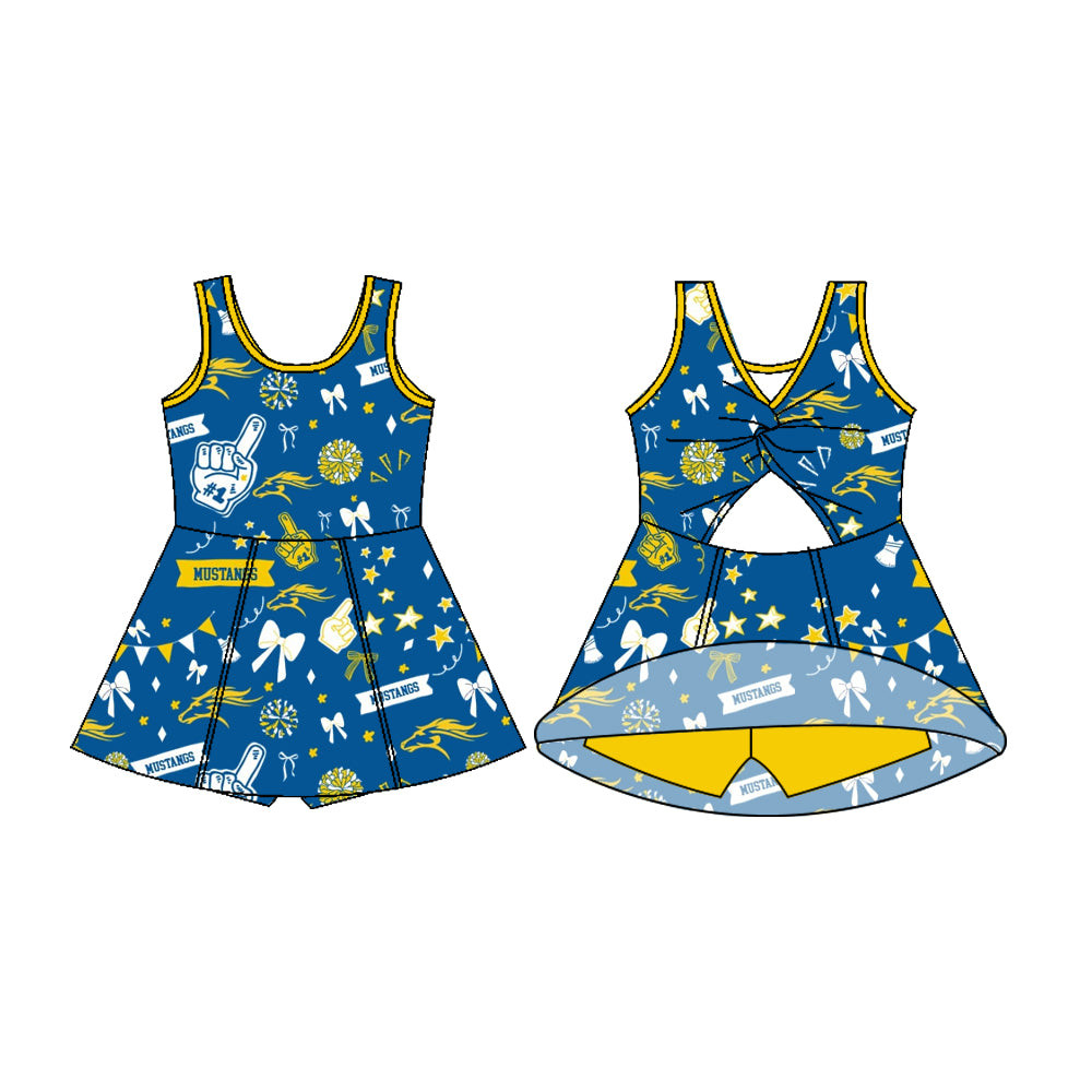 Preorder (moq 5)Baby Girls Sleeveless Blue Mustangs Football Team Shorts Dresses