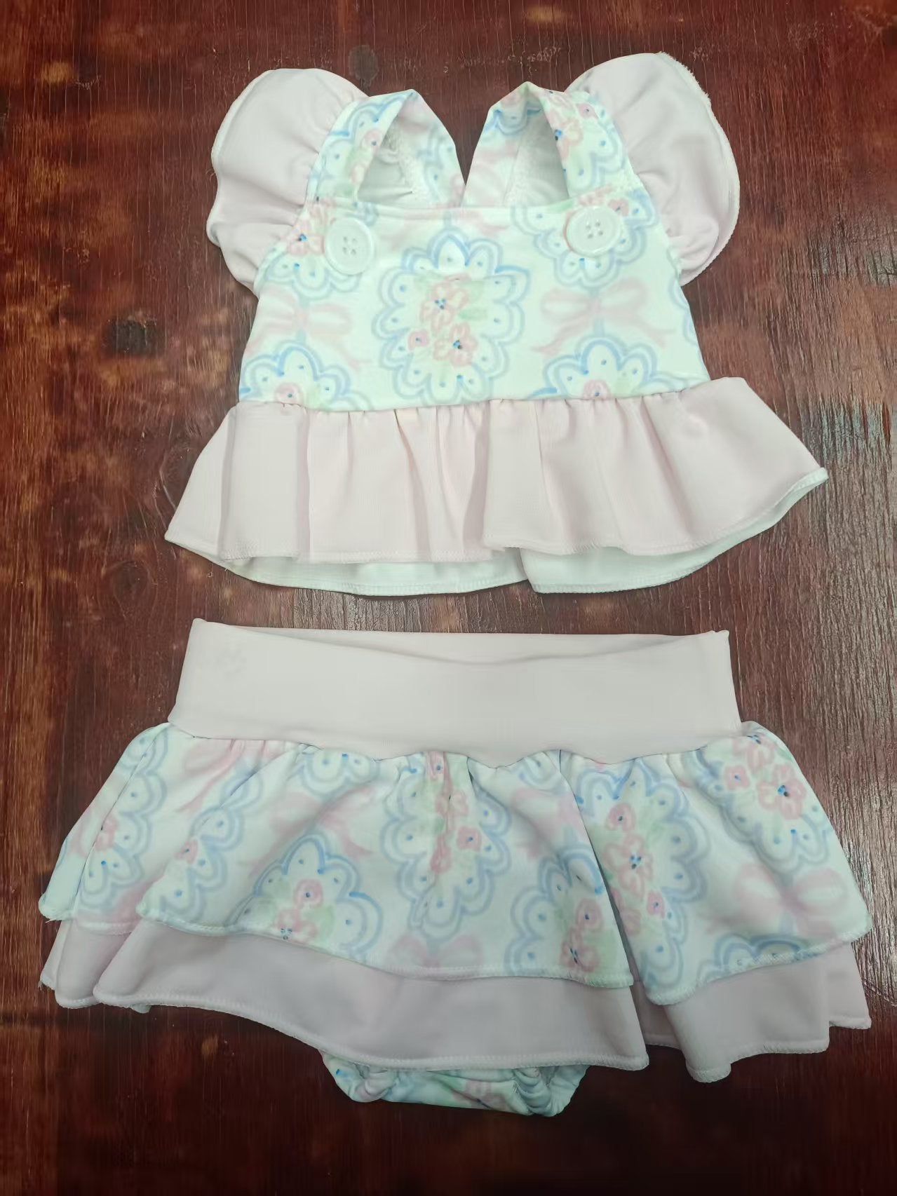 Preorder moq 5 Baby Girls Peach Flutter Sleeves Floral 2 Piece Swimsuits