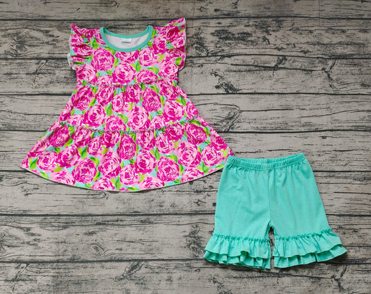 Baby Girls Pink Rose Flowers Tunic Green Shorts Summer Clothes Sets
