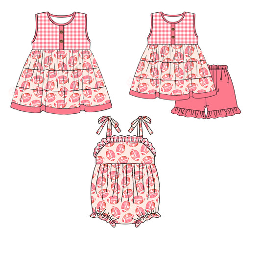 Preorder(moq 5 each)Sibling Baby Girls Pink Football Checkered Spring Romper Dress Shorts Sets