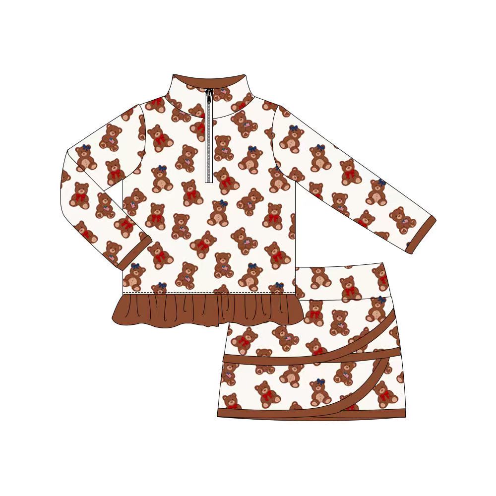 Preorder (moq 5)Baby Girls Bows Bears Zipper Ruffle Pullover Top Skirt Shorts Clothes Sets