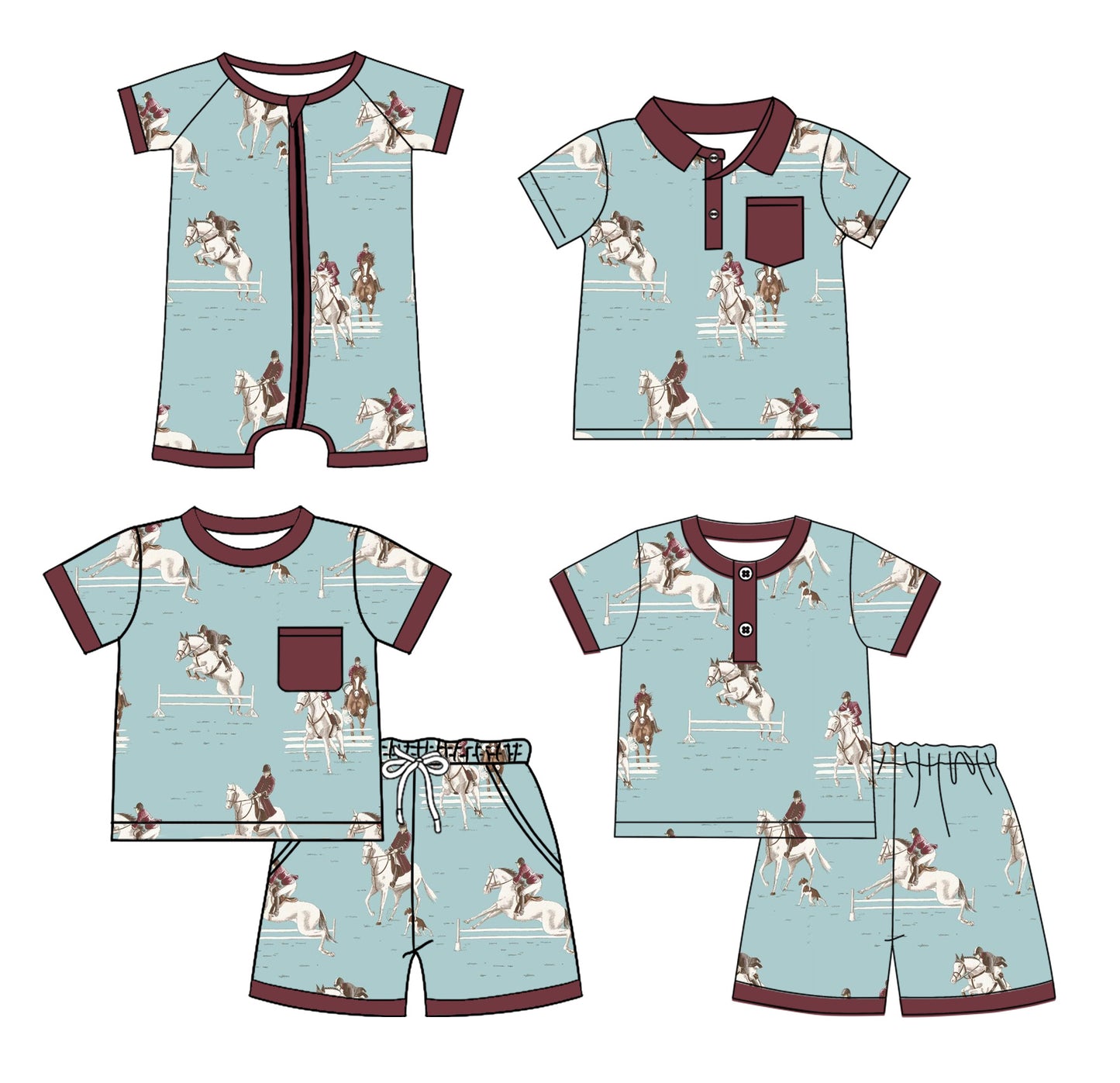 Preorder moq 5 Custom Baby Boys Brown Short Sleeves Horse Rodeos Top Short Pajamas Set Polo Shirts And Zipper Rompers