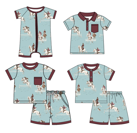 Preorder moq 5 Custom Baby Boys Brown Short Sleeves Horse Rodeos Top Short Pajamas Set Polo Shirts And Zipper Rompers