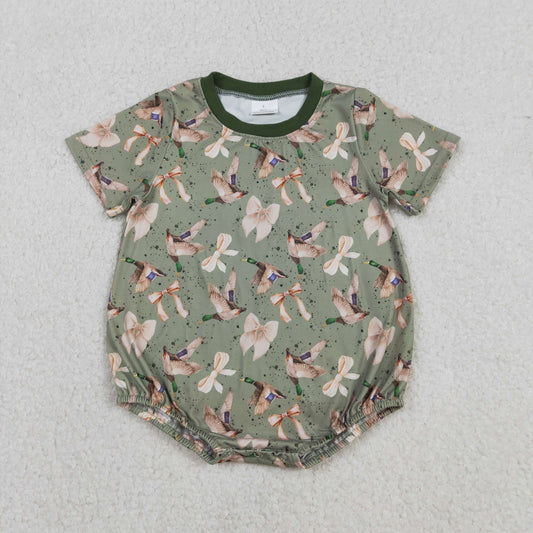 Baby Girls Short Sleeve Green Ducks Bows Hunting Rompers